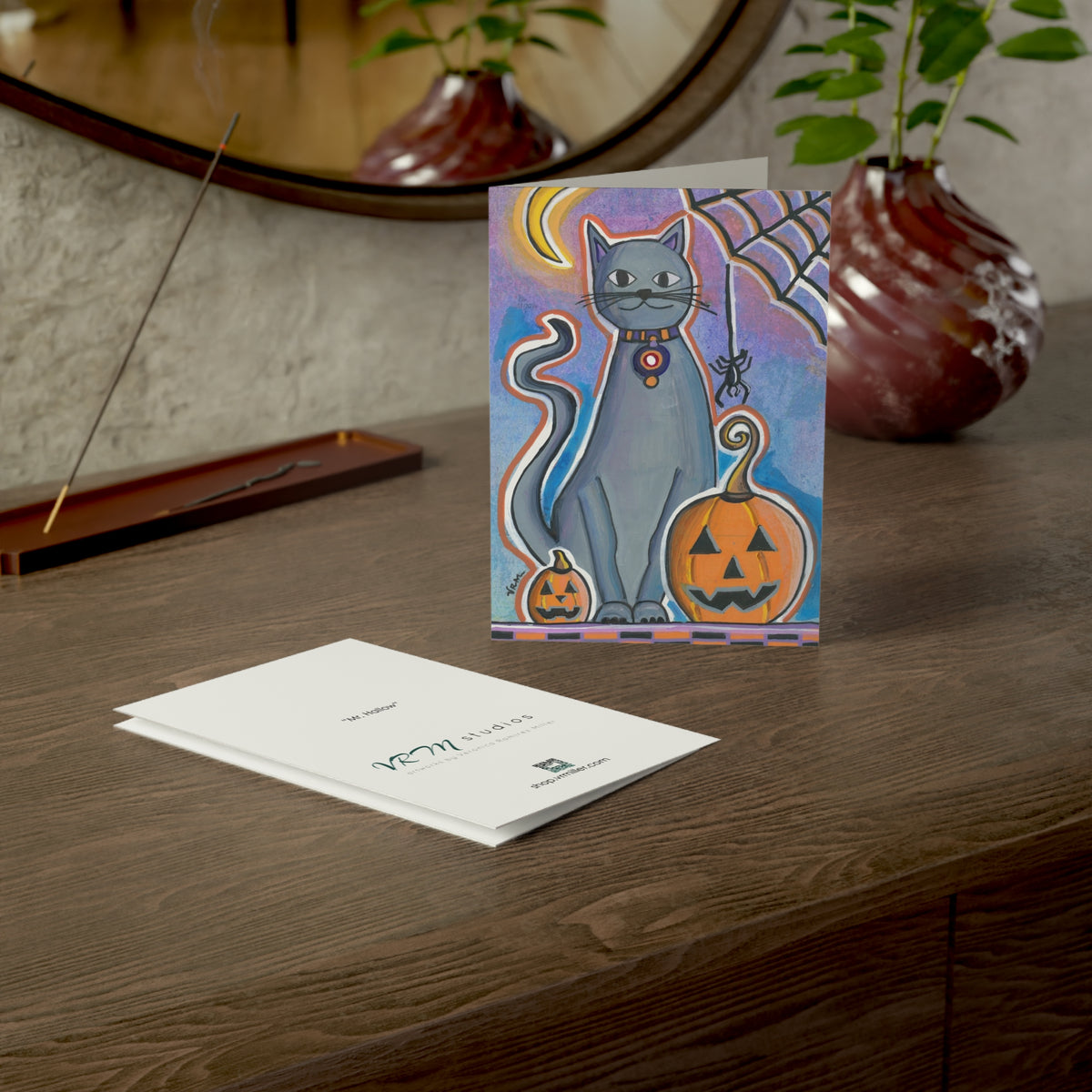 Black Cat Halloween Card | Jack O Lantern Greeting Card | Pumpkin Halloween Card | Spooky Season Art | Original Artwork by VRM Studios