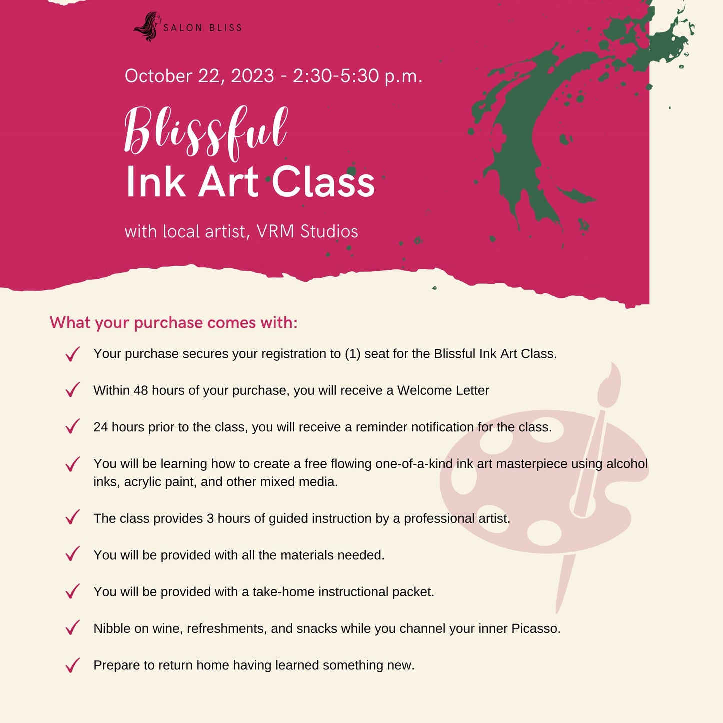 Blissful Ink Art Class - October 22, 2023 - 1 Seat Registration