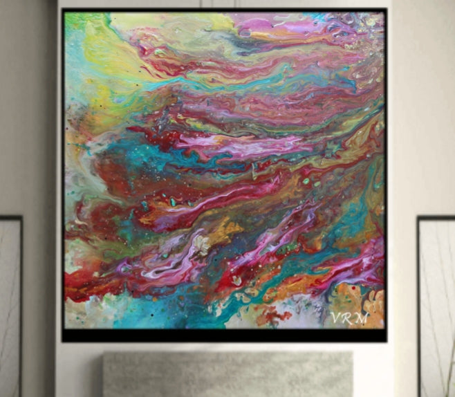 Trippy Bloom, original fluid painting on canvas, 30x30 inches