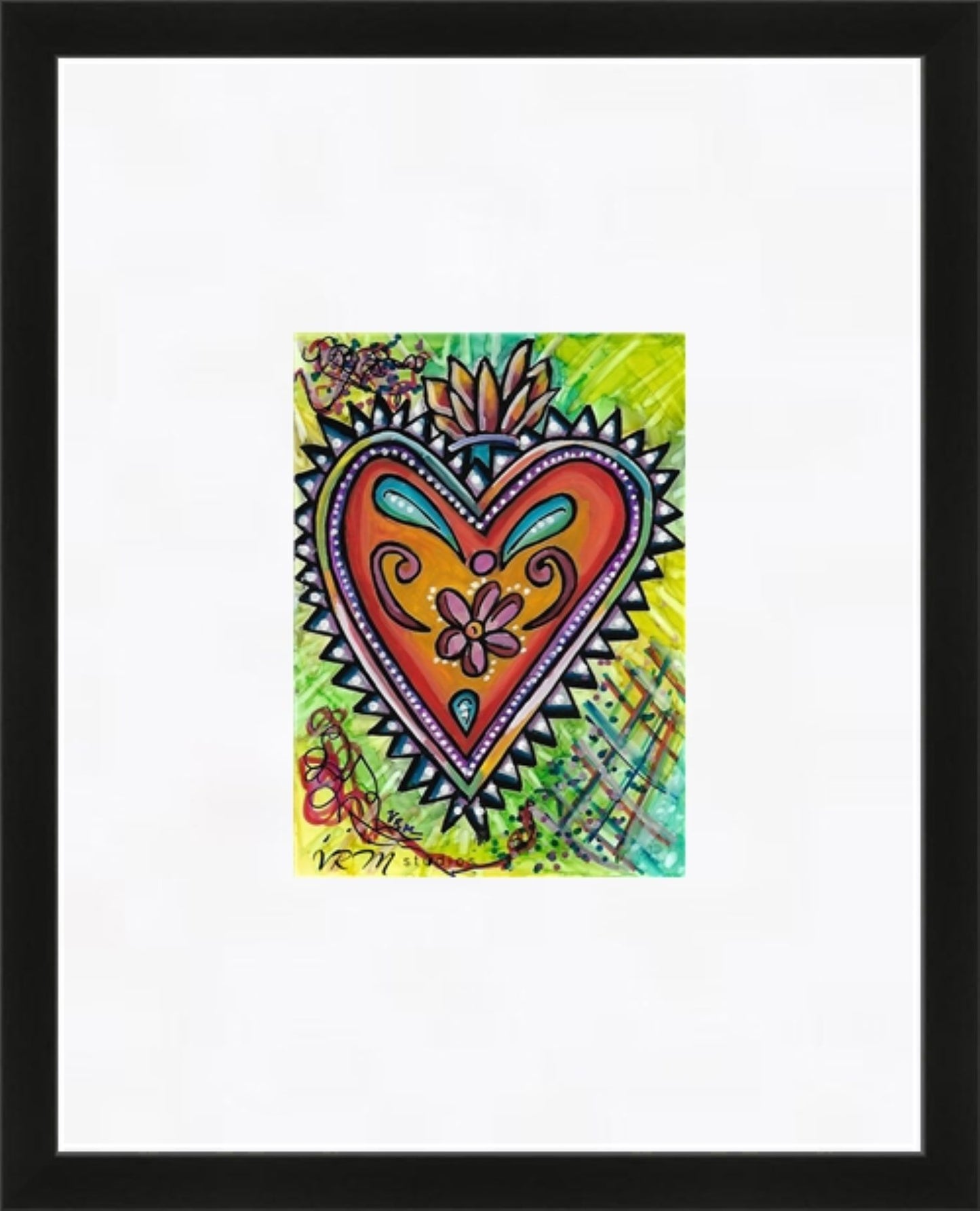 Hearts on Fire, original folk art painting on photo paper, matted, 11x14 inches
