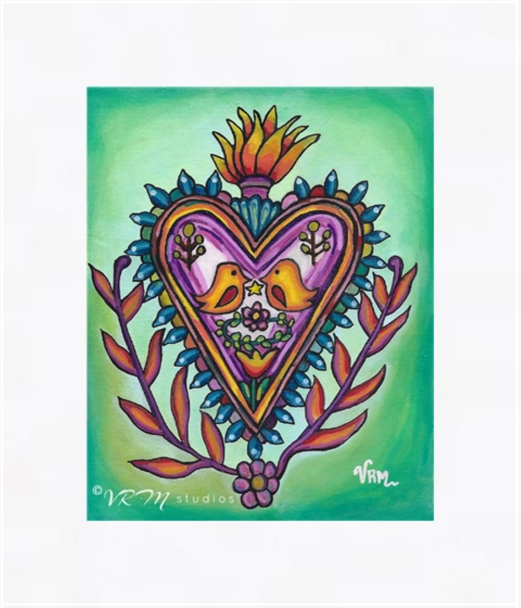 Eternal Flame, original folk art painting on canvas sheet, matted, 11x14 inches