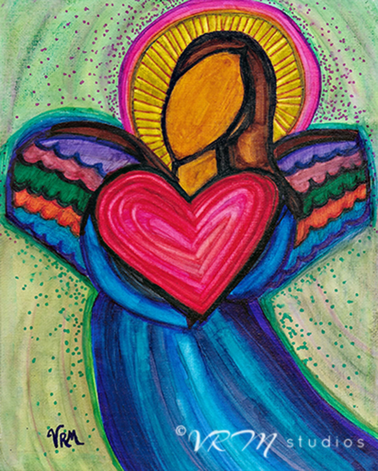 Serenity Angel, original angel folk art painting on canvas sheet, matted, 11x14 inches