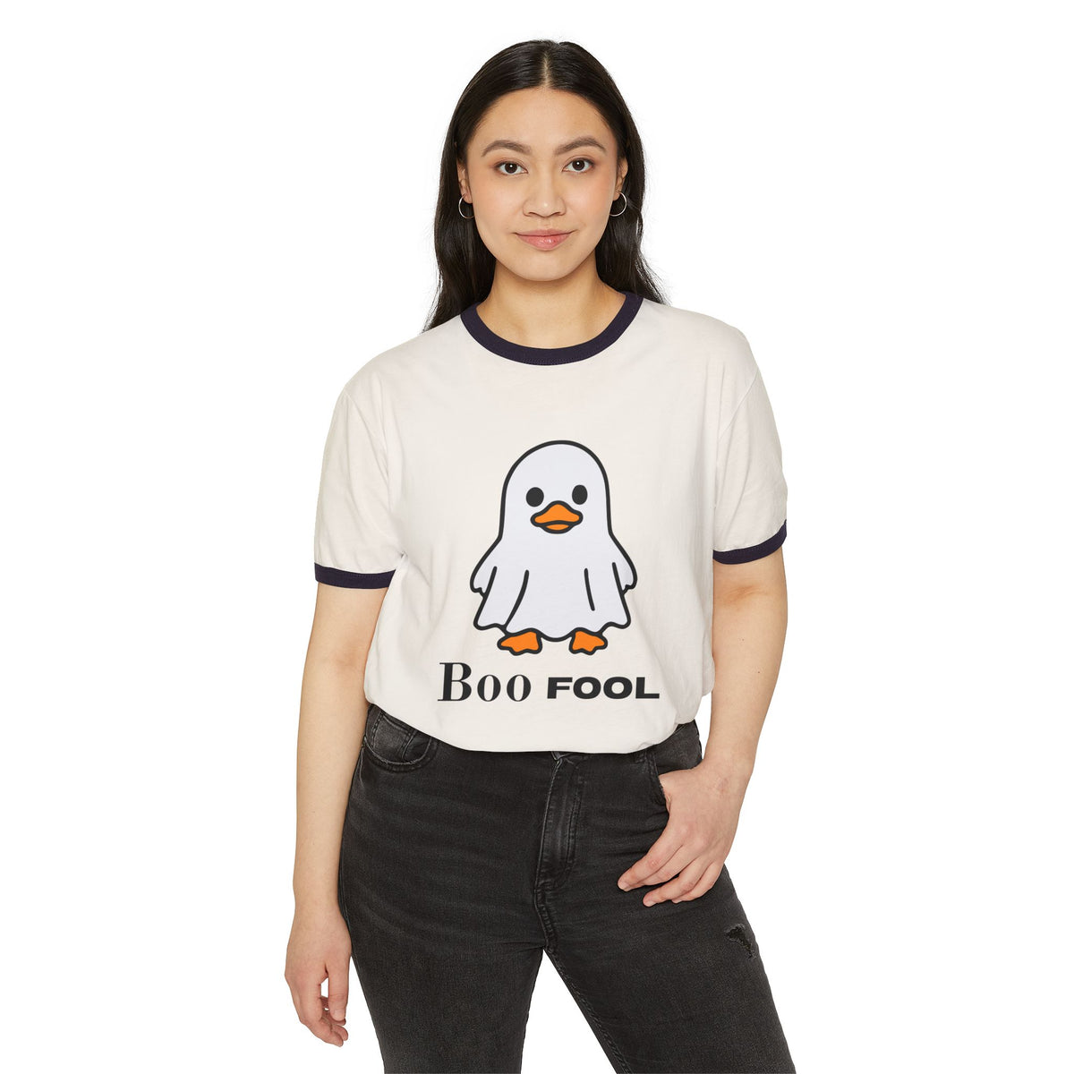 Boo Fool Ghost Ringer T-Shirt, Cute Halloween Shirt, Funny Spooky Season Tee, Retro Double-Sided Graphic Tee