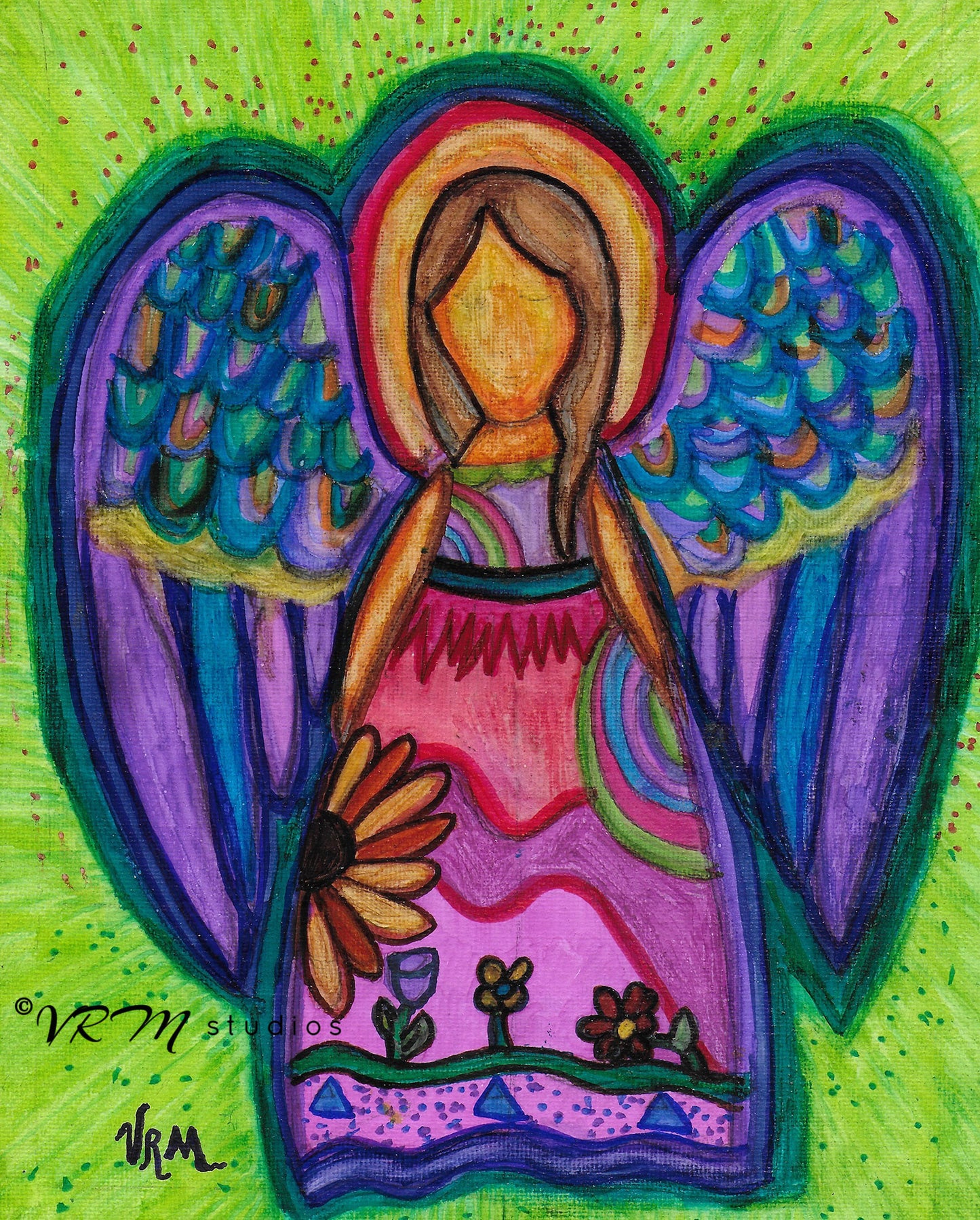 Bella Angel, original angel folk art painting on canvas sheet, matted, 11x14 inches