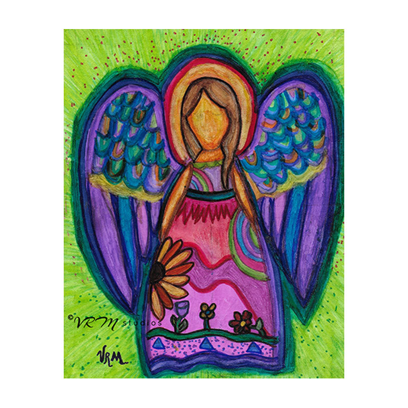 Bella Angel, original angel folk art painting on canvas sheet, matted, 11x14 inches