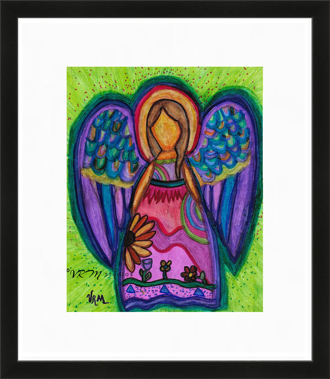 Bella Angel, original angel folk art painting on canvas sheet, matted, 11x14 inches