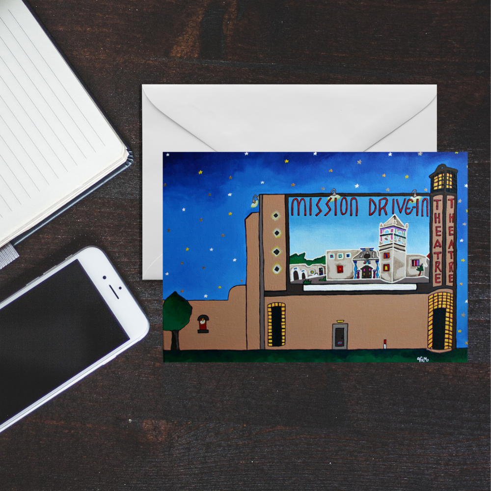 Mission Drive-In San Antonio Greeting Card | Retro Movie Theater Art | Texas Nostalgia Gift | Original Artwork
