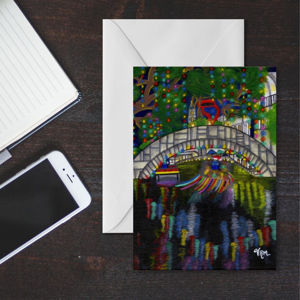 San Antonio River Walk Christmas Card | Texas Holiday Greeting Card | Riverwalk Christmas Lights | Original Art by VRM Studios