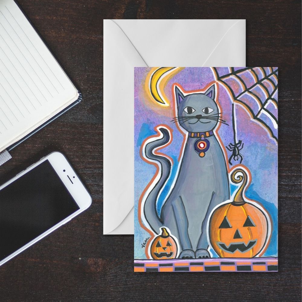 Black Cat Halloween Card | Jack O Lantern Greeting Card | Pumpkin Halloween Card | Spooky Season Art | Original Artwork by VRM Studios