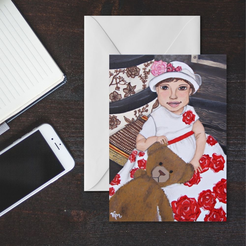 Baby Girl Greeting Card | New Baby Card | Rose Floral Baby Art | Teddy Bear Card | Baby Shower Gift | Original Art by VRM Studios