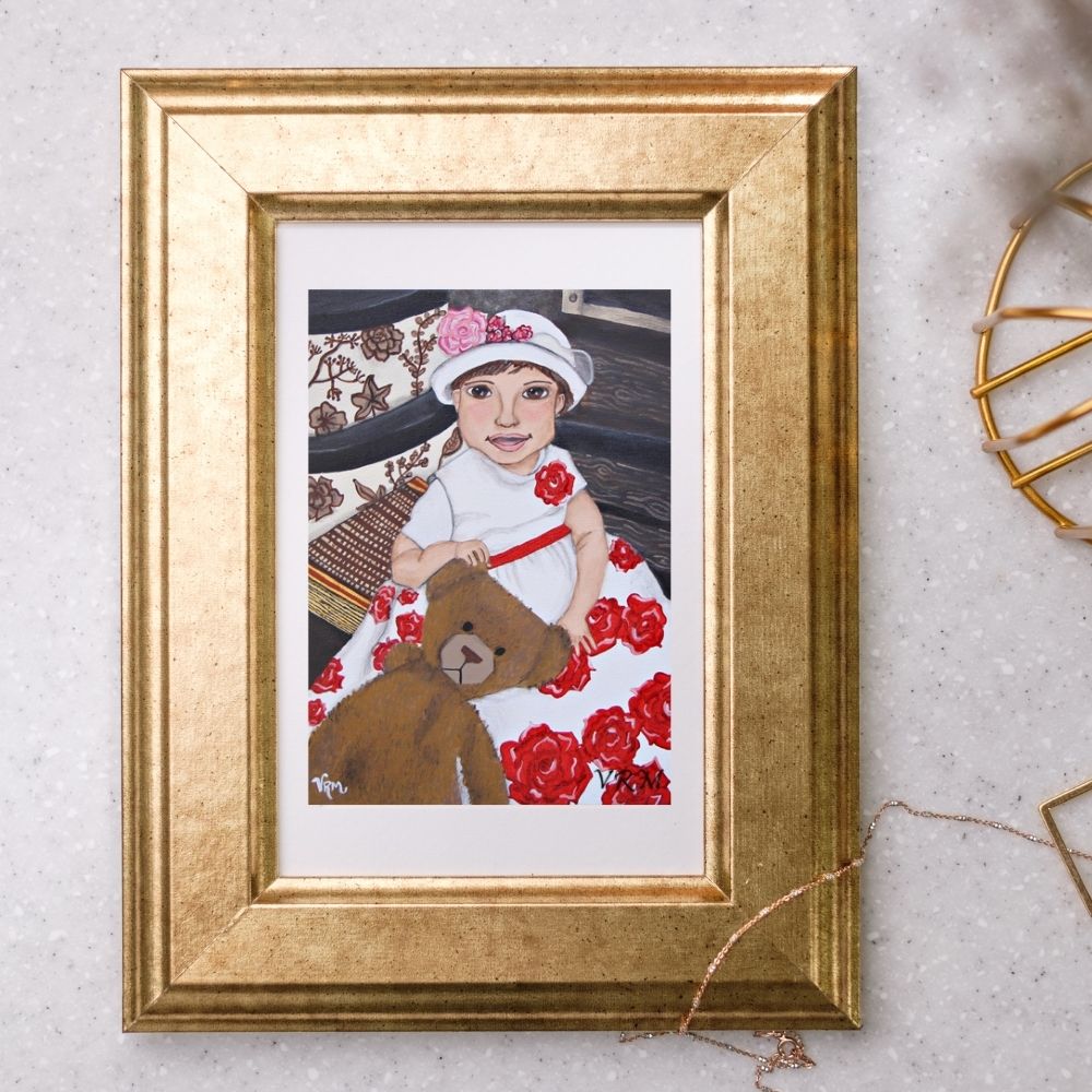 Baby Girl Greeting Card | New Baby Card | Rose Floral Baby Art | Teddy Bear Card | Baby Shower Gift | Original Art by VRM Studios