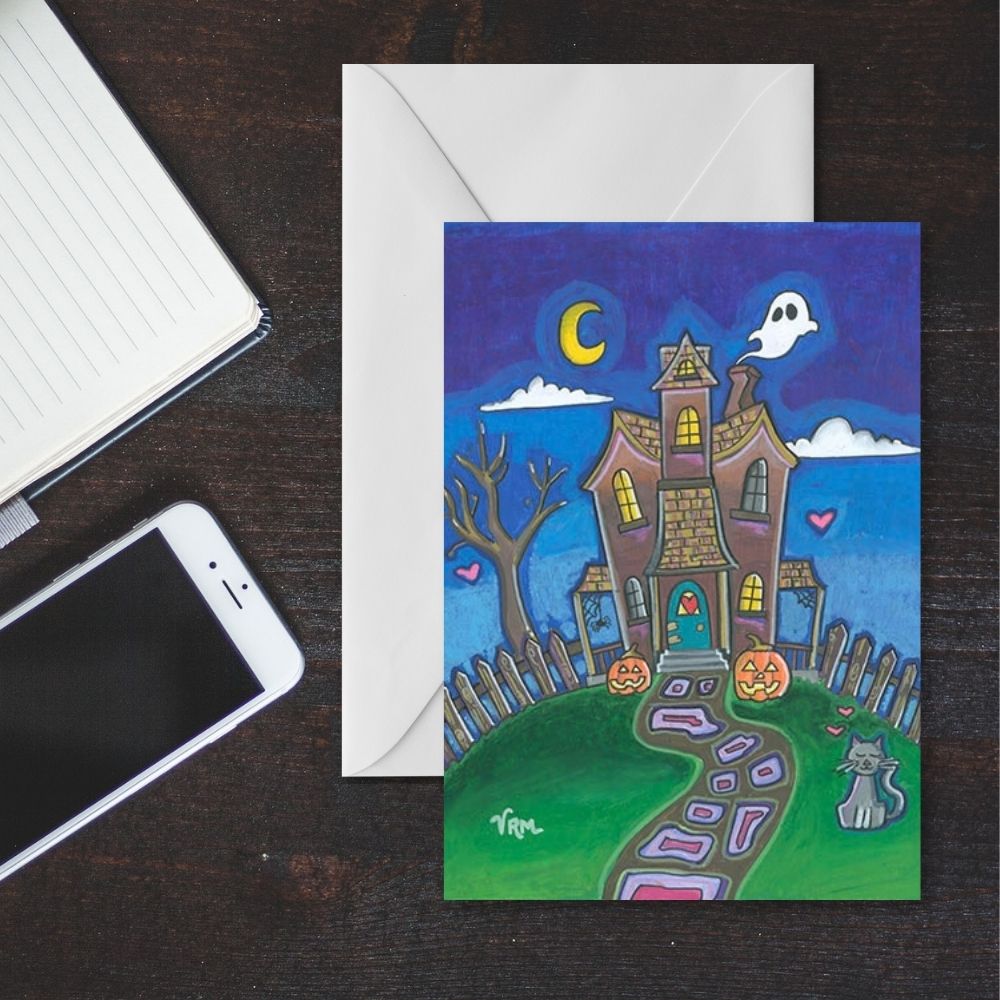 Haunted House Halloween Card | Cute Spooky Greeting Card | Halloween Art Card | Ghost Pumpkin Black Cat Card | Original Art