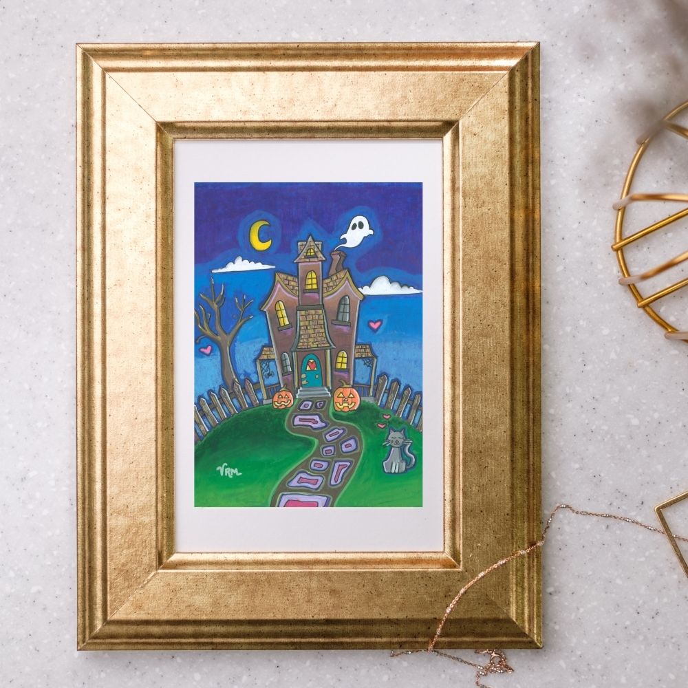 Haunted House Halloween Card | Cute Spooky Greeting Card | Halloween Art Card | Ghost Pumpkin Black Cat Card | Original Art