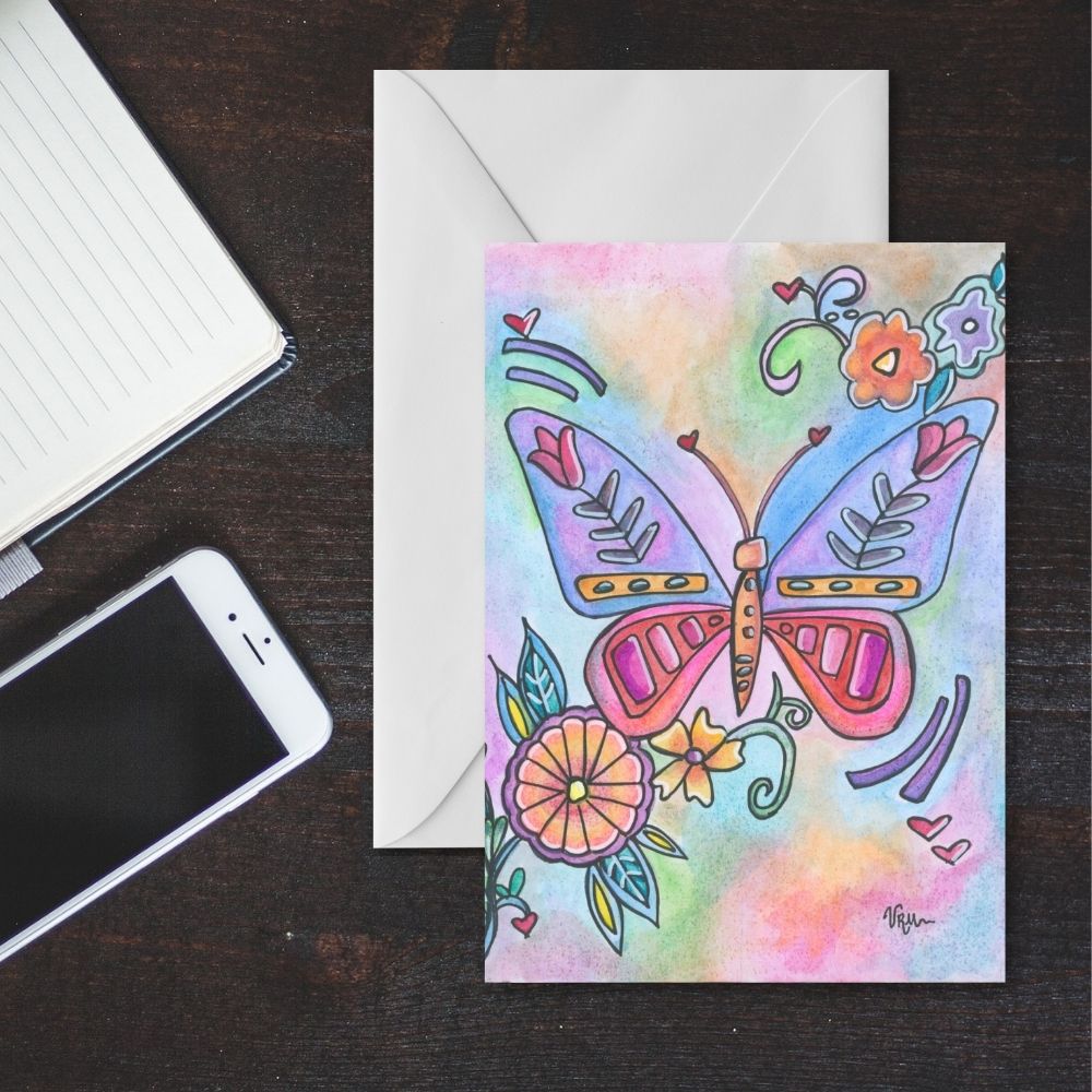 Butterfly Greeting Card | Colorful Floral Art Card | Whimsical Butterfly Note Card | Birthday Thank You Card | Original Art