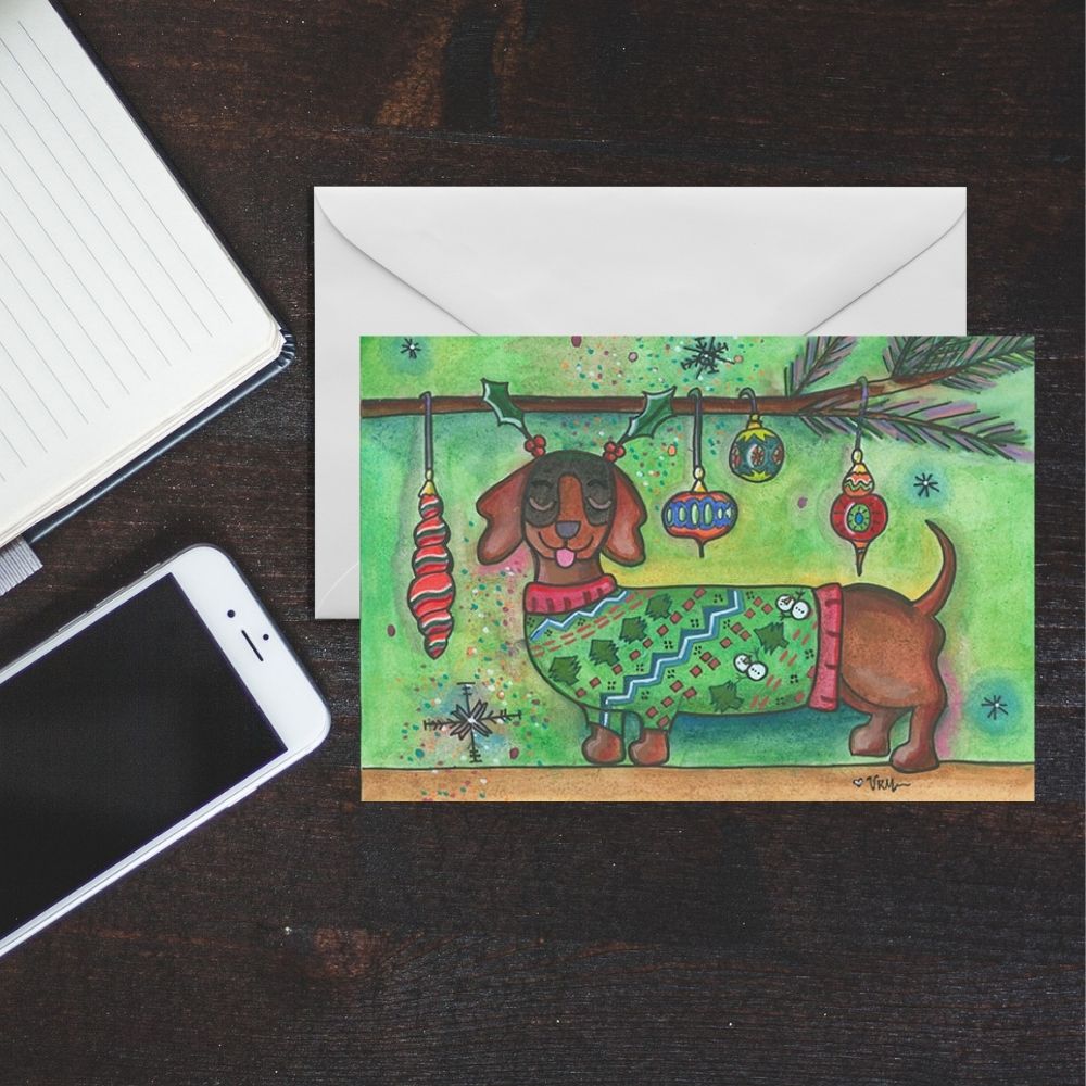 Dachshund Christmas Card | Wiener Dog Holiday Greeting Card | Cute Christmas Dog Art | Dog Lover Gift | Original Art by VRM Studios