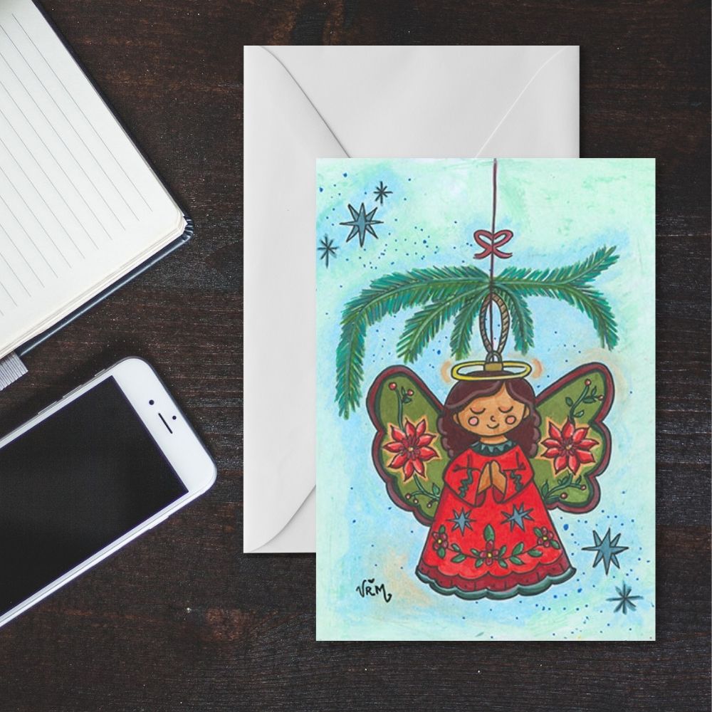 Christmas Angel Greeting Card | Christian Encouragement Card | Hang On God Faith Card | Religious Christmas Card | Original Art