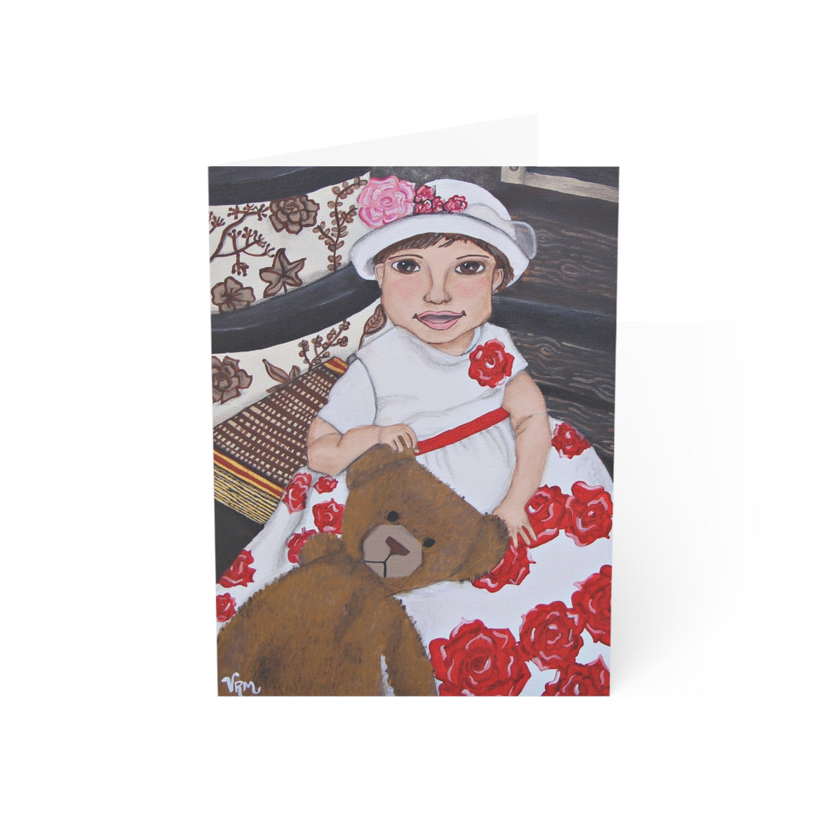 Baby Girl Greeting Card | New Baby Card | Rose Floral Baby Art | Teddy Bear Card | Baby Shower Gift | Original Art by VRM Studios