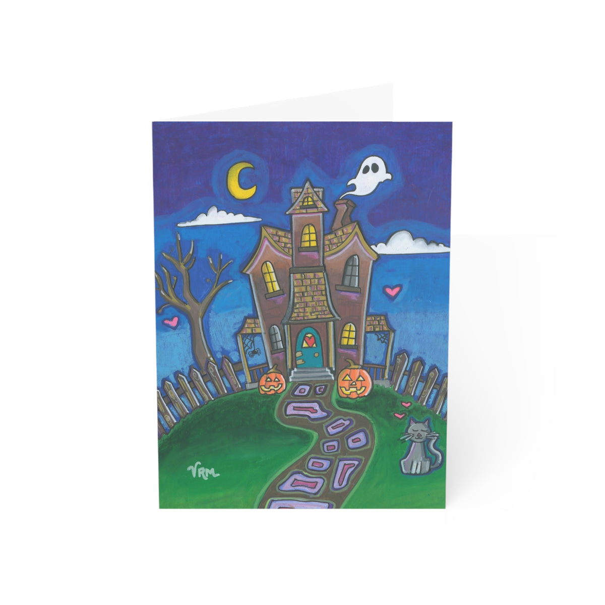 Haunted House Halloween Card | Cute Spooky Greeting Card | Halloween Art Card | Ghost Pumpkin Black Cat Card | Original Art