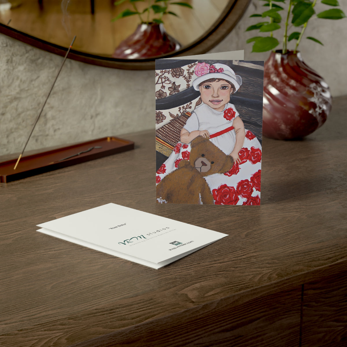 Baby Girl Greeting Card | New Baby Card | Rose Floral Baby Art | Teddy Bear Card | Baby Shower Gift | Original Art by VRM Studios