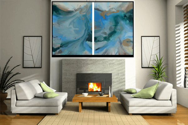 Waves of Change, original fluid painting on canvas, diptych, 36x54 inches (set of two)