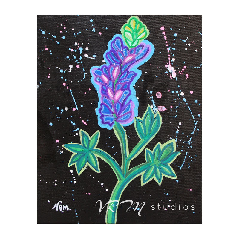 Neon Bluebonnet, original folk art painting on black canvas, 8x10 inches