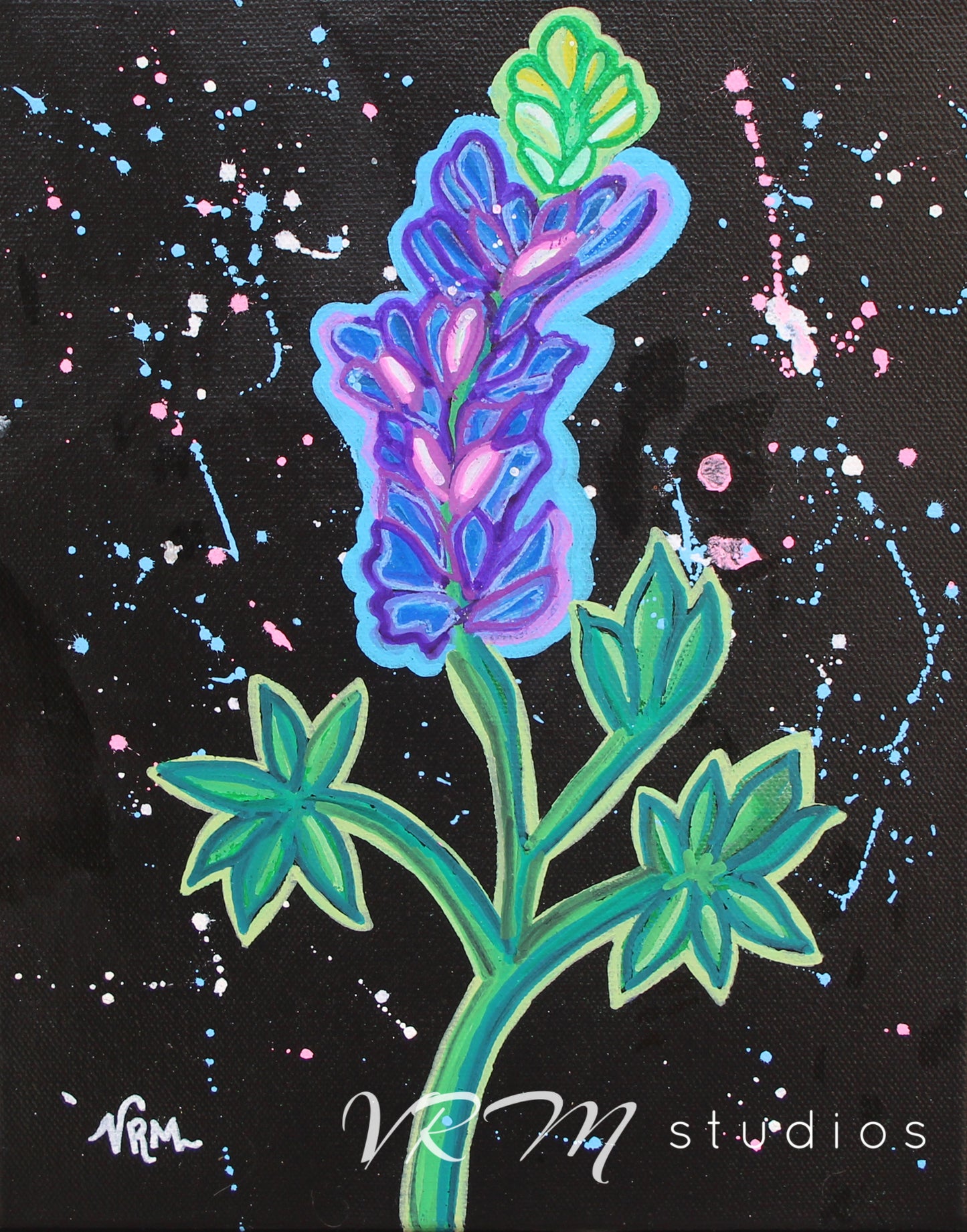 Neon Bluebonnet, original folk art painting on black canvas, 8x10 inches