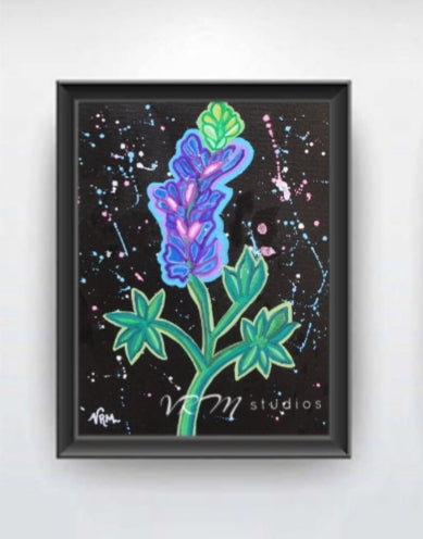 Neon Bluebonnet, original folk art painting on black canvas, 8x10 inches