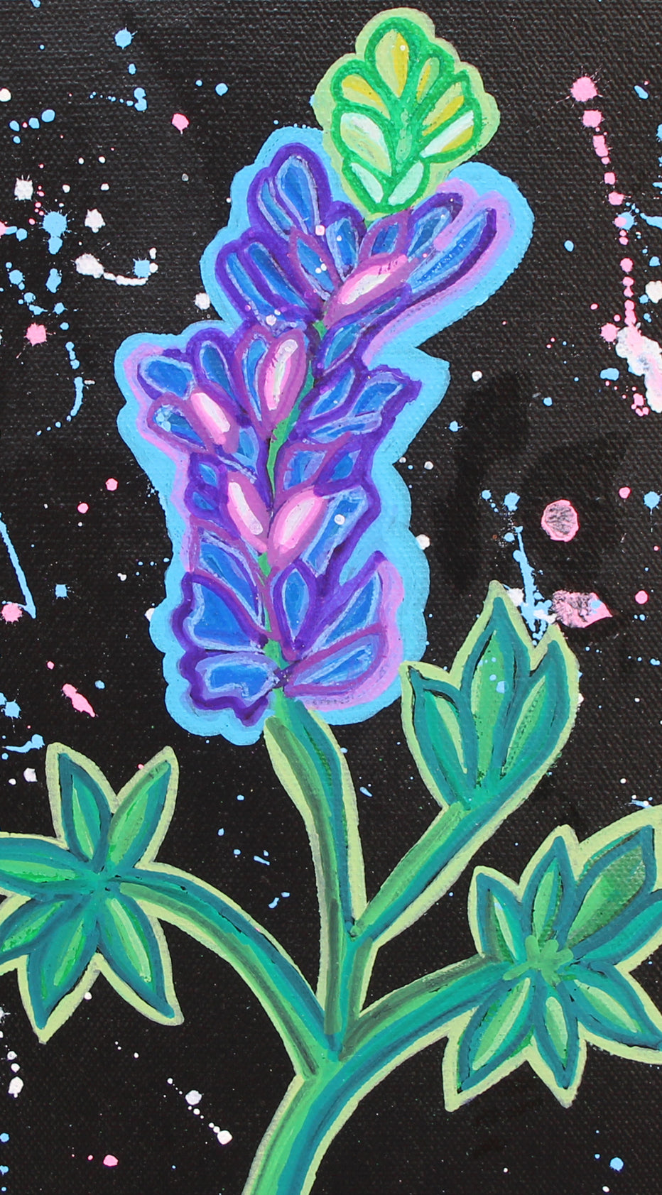 Neon Bluebonnet, original folk art painting on black canvas, 8x10 inches