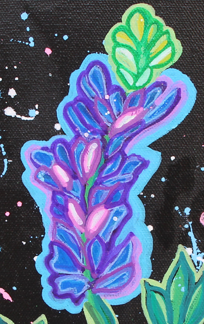 Neon Bluebonnet, original folk art painting on black canvas, 8x10 inches