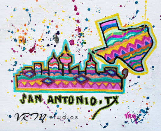 San Antonio Fiesta Sky, original folk art painting on canvas sheet, matted, 11x14 inches