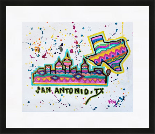 San Antonio Fiesta Sky, original folk art painting on canvas sheet, matted, 11x14 inches