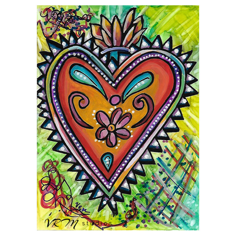 Hearts on Fire, original folk art painting on photo paper, matted, 11x14 inches