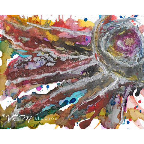 Comet Boom, original fluid art painting on photo paper, matted, 11x14 inches