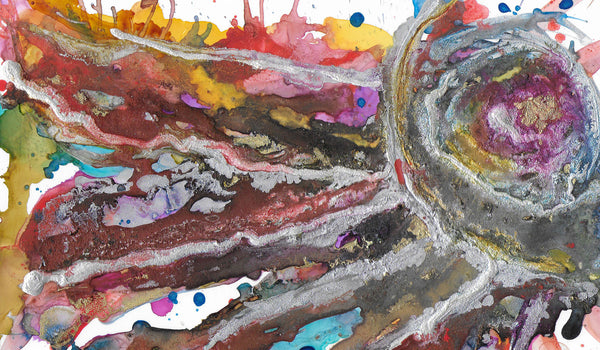 Comet Boom, original fluid art painting on photo paper, matted, 11x14 inches