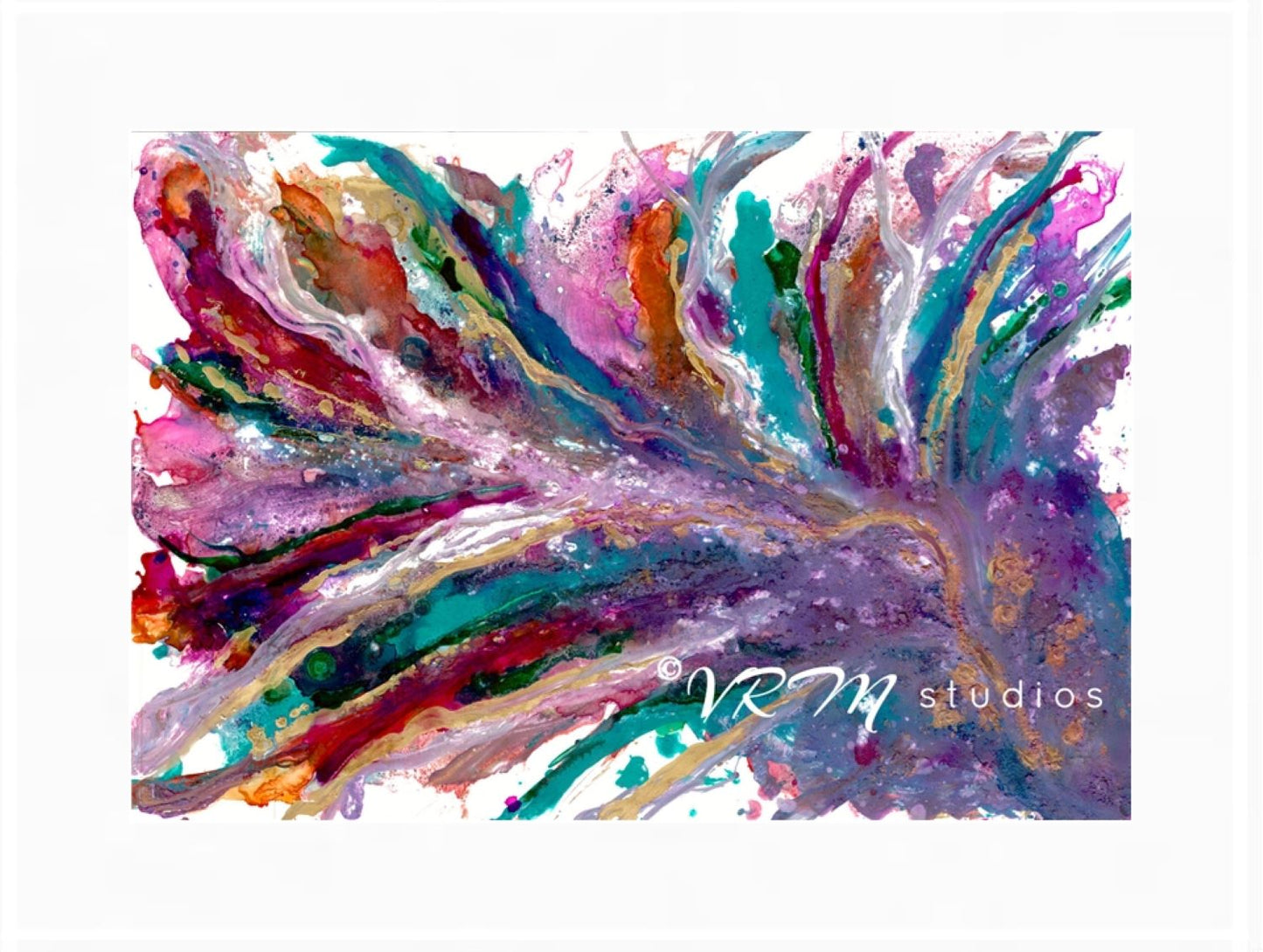 Fabulous Feather, original fluid art painting on photo paper, matted, 18x24 inches
