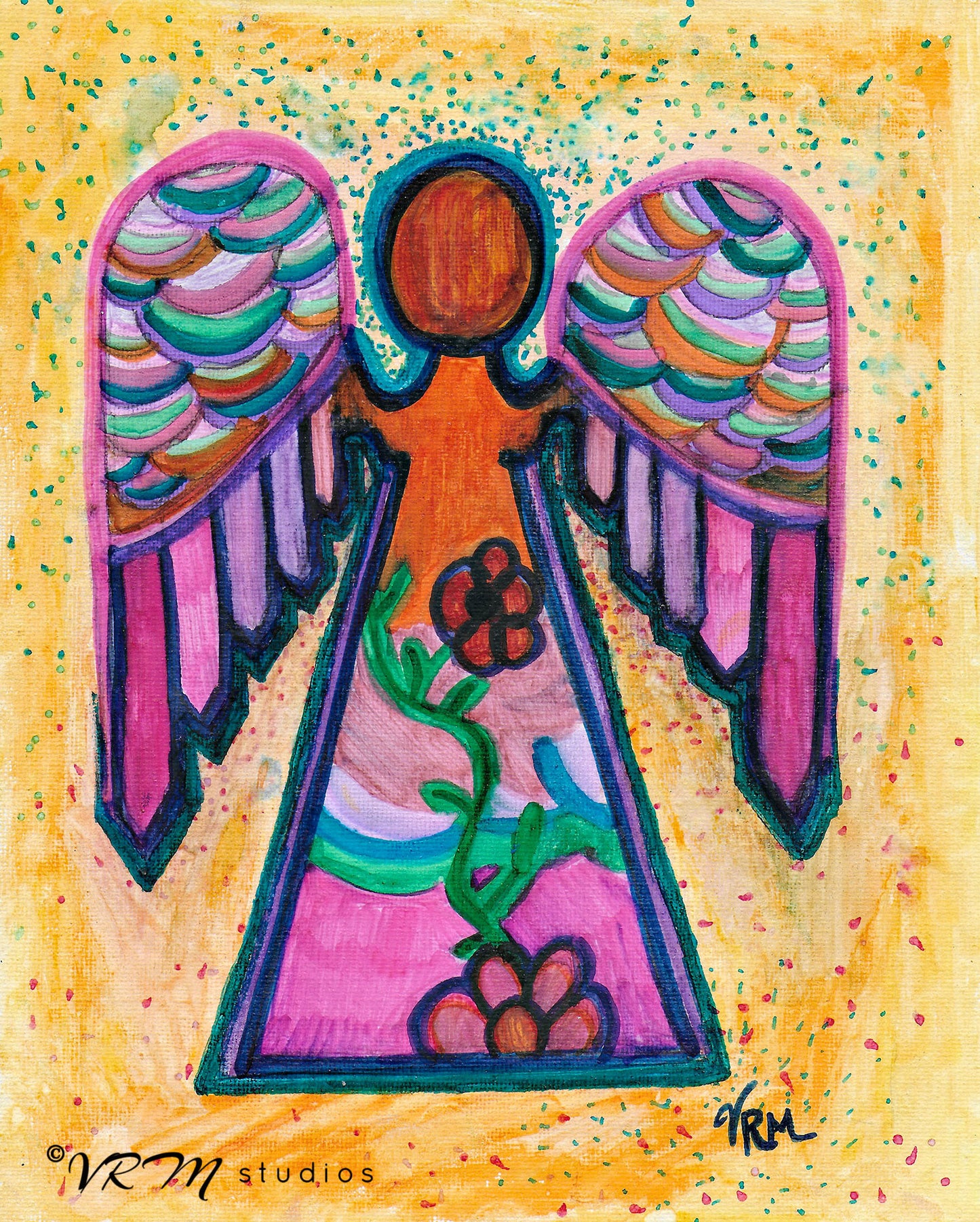 Annie Angel, original angel folk art painting on canvas sheet, matted, 11x14 inches