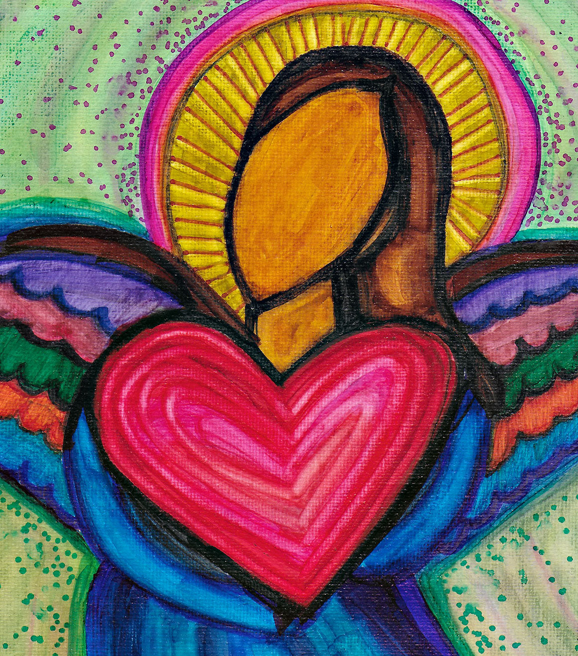 Serenity Angel, original angel folk art painting on canvas sheet, matted, 11x14 inches